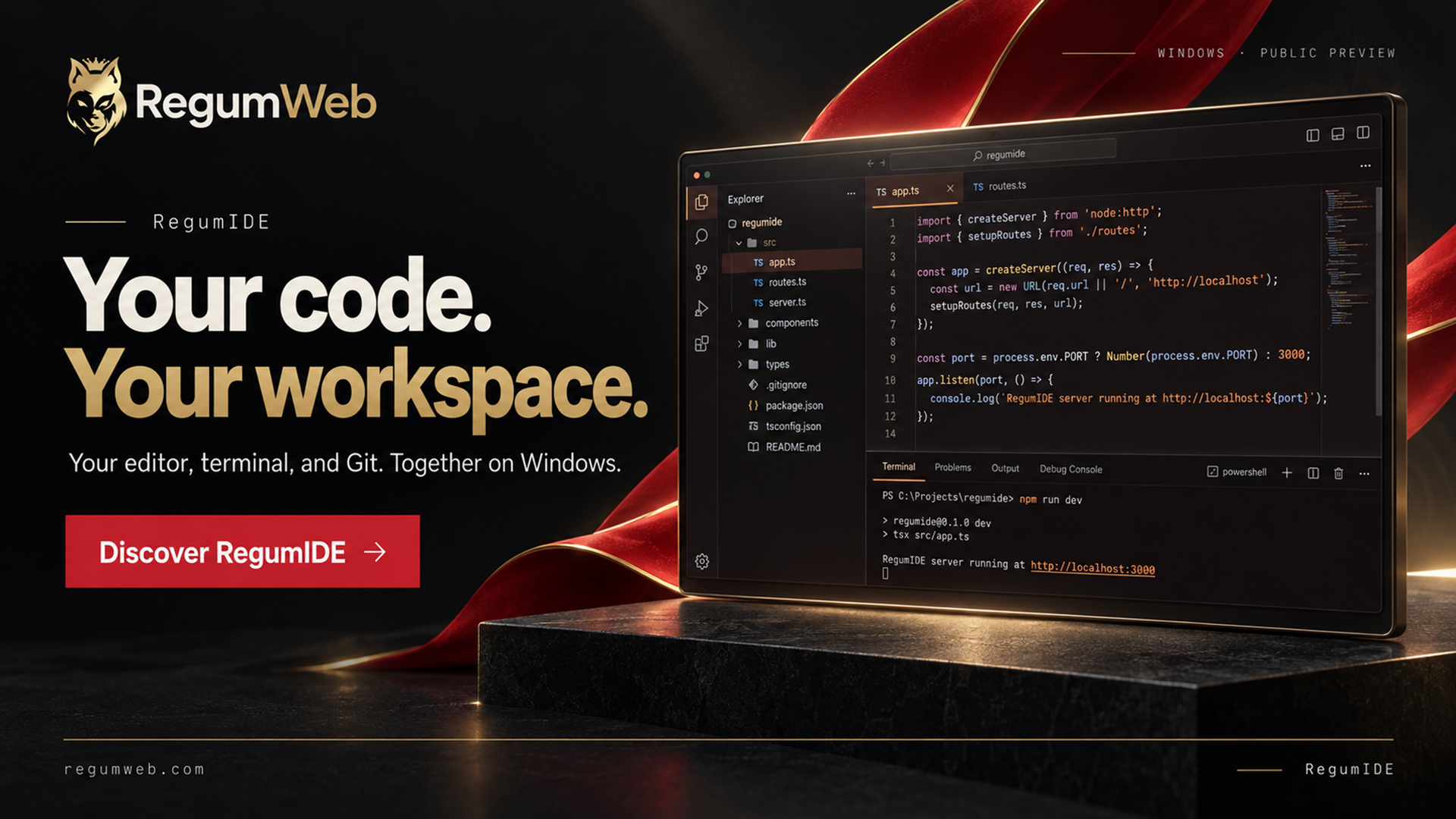RegumIDE — Your code, terminal and Git in one Windows workspace.