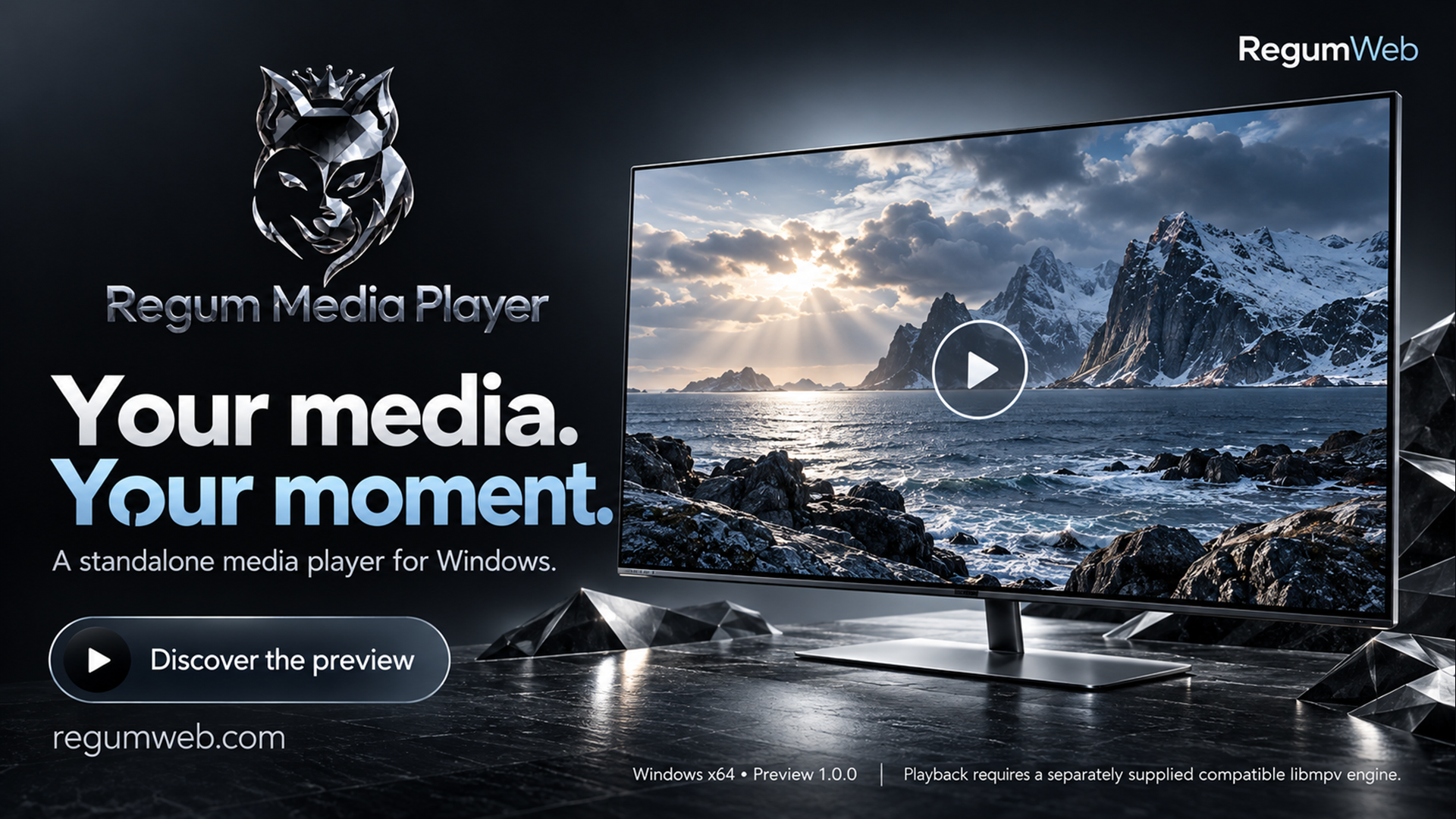 Regum Media Player — Local media playback. Preview build; playback decoder required.