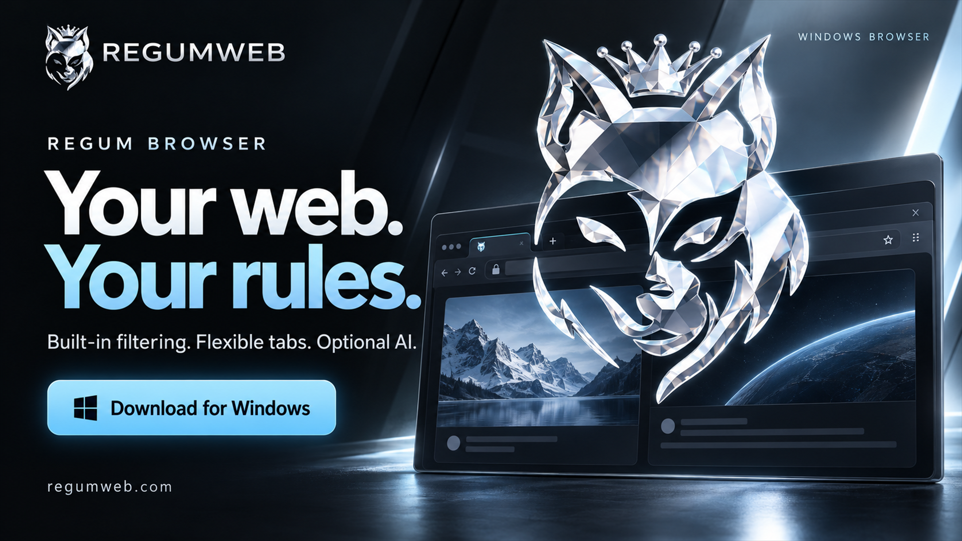 Regum Browser — A Windows browser with built-in filtering, flexible tabs and optional AI assistance.